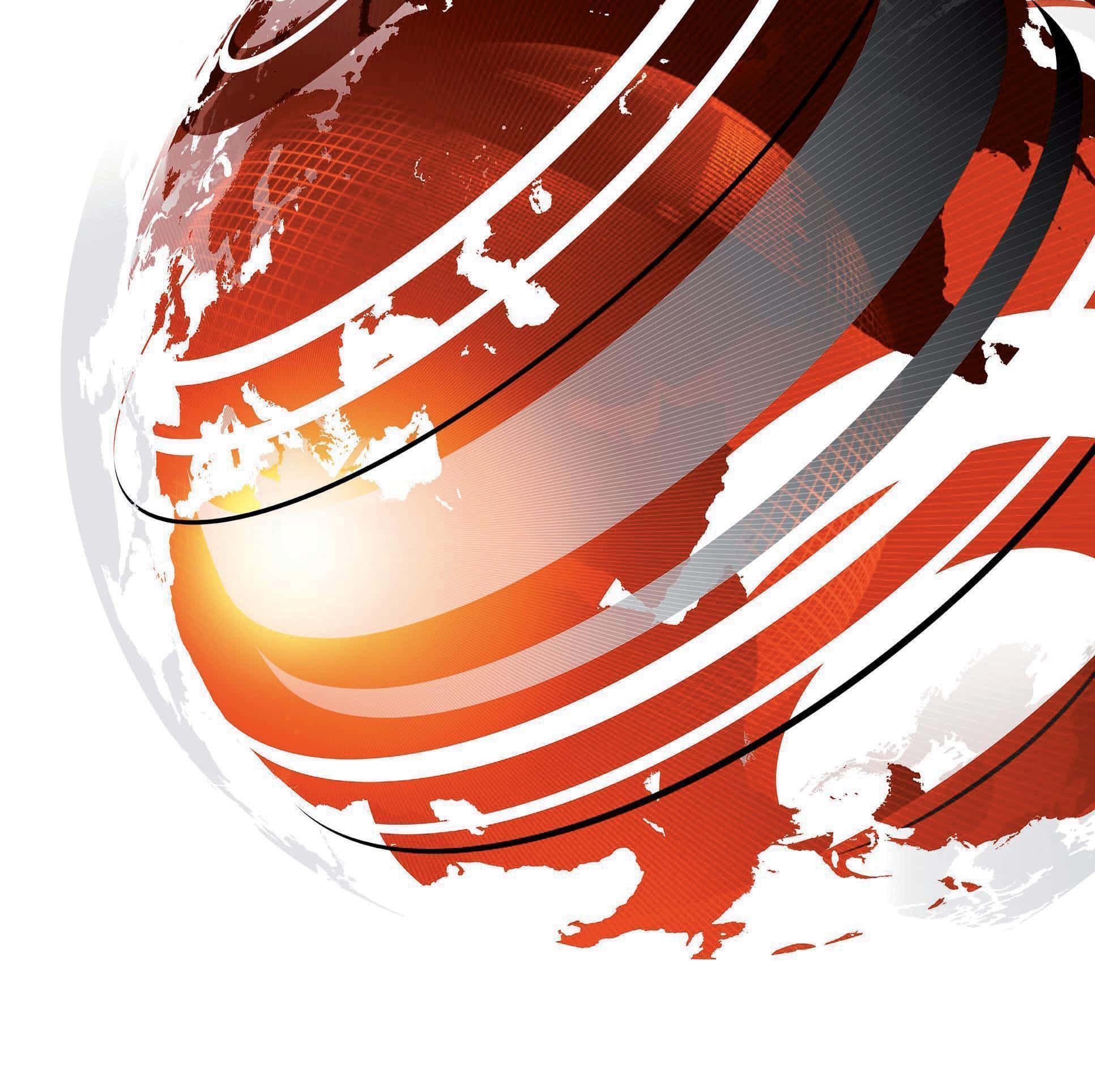 Bbc News 桌布 壁紙 — 一個風格化的地球儀，帶有從明亮核心放射出的醒目紅橙色和白色條紋，背景為白色。