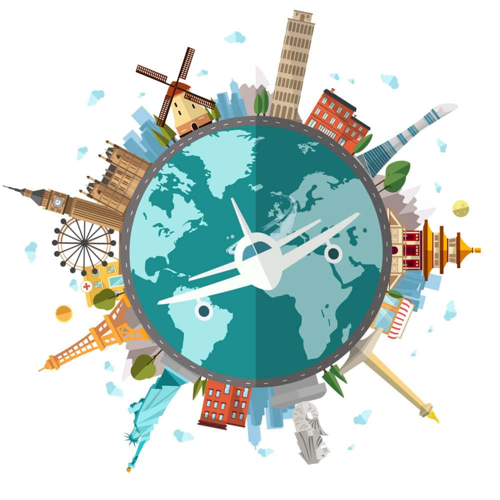 Travel Desktop 桌布 壁紙 — 一個風格化的地球時鐘，周圍環繞著艾菲爾鐵塔和大笨鐘等標誌性全球地標。