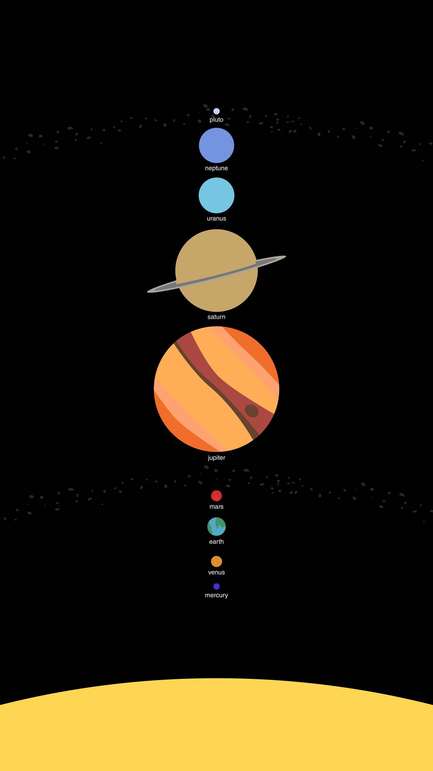 太陽系 桌布 壁紙 — 一個風格化的垂直太陽系圖，顯示從木星到水星的行星，背景為黑色，帶有黃色彎曲地平線。