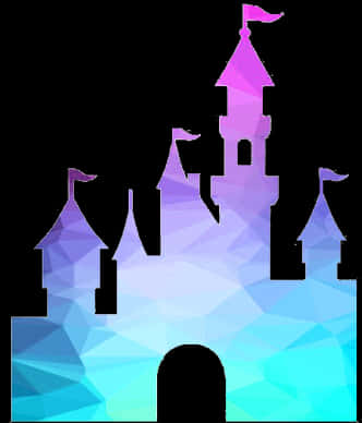 Disney Castle Silhouette 桌布 壁紙 — 一個風格化的城堡剪影，以鮮豔的紫色和藍色多邊形漸層呈現在黑色背景上。