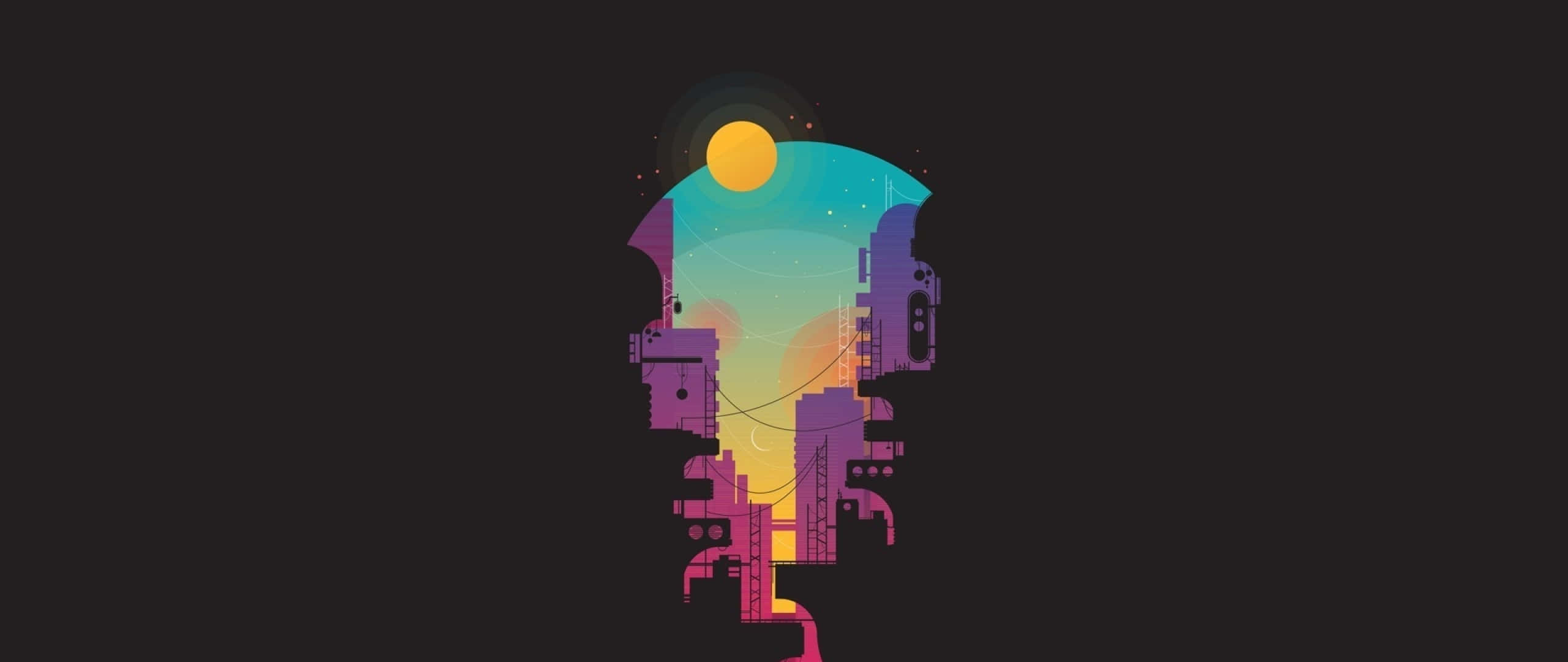 2560x1080 Minimal 桌布 壁紙 — 一個風格化的城市剪影，以鮮豔的紫色和藍綠色從黑暗背景中浮現，上方有發光的太陽。