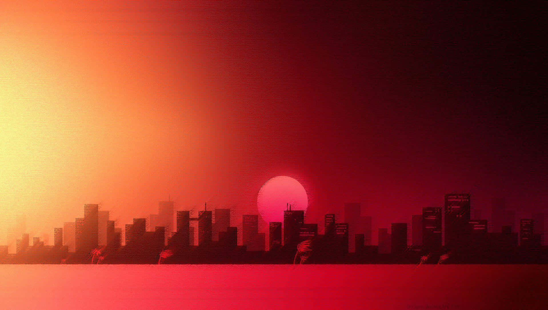 Hotline Miami 桌布 壁紙 — 一個風格化的城市天際線剪影，映襯著由火橙色和深紅色調組成的漸變日落。