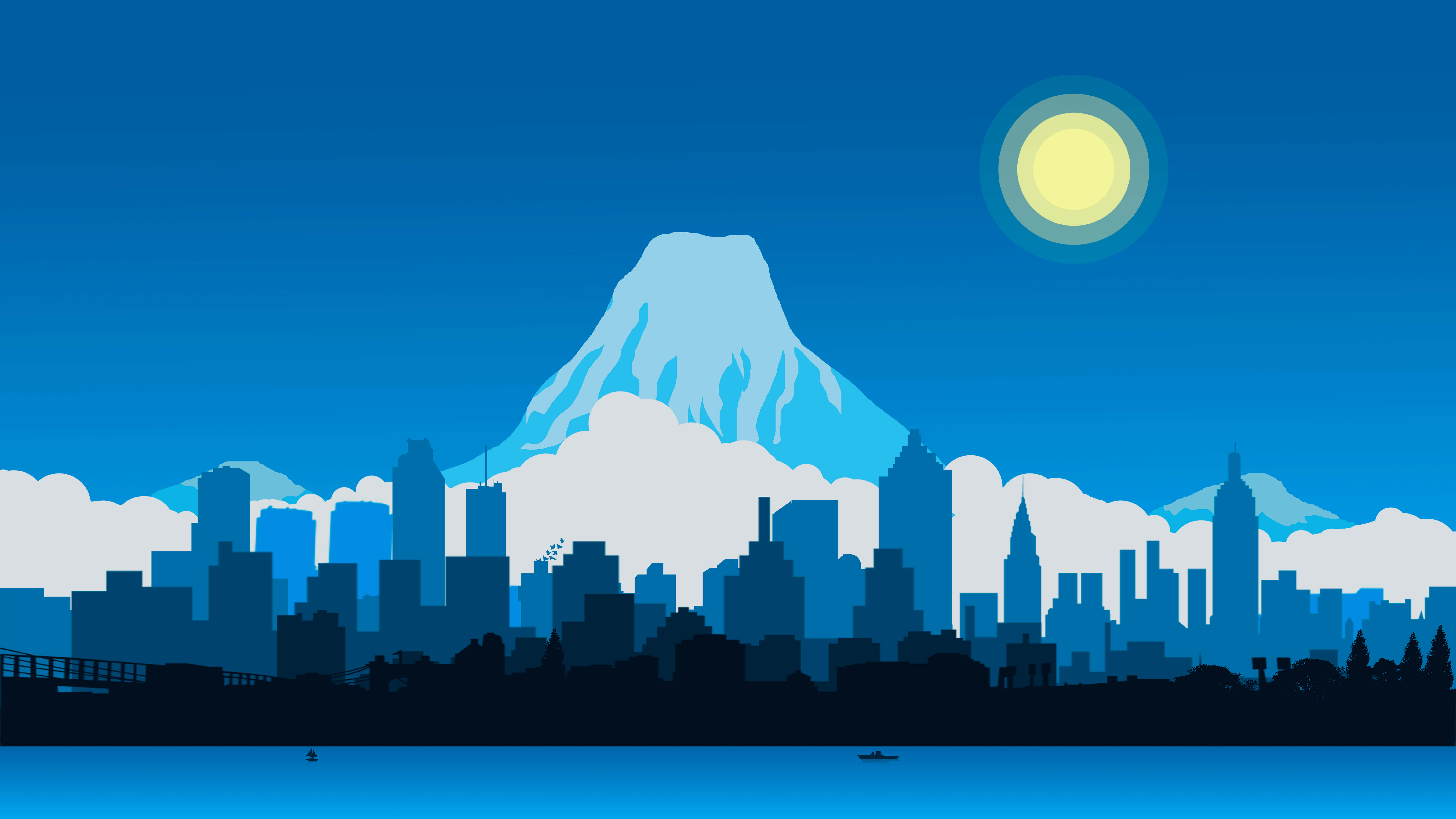 Minimalist Blue 桌布 壁紙 — 一個風格化的城市天際線剪影，襯托著白雪覆蓋的山峰，在深藍色調中一輪發光的月亮。