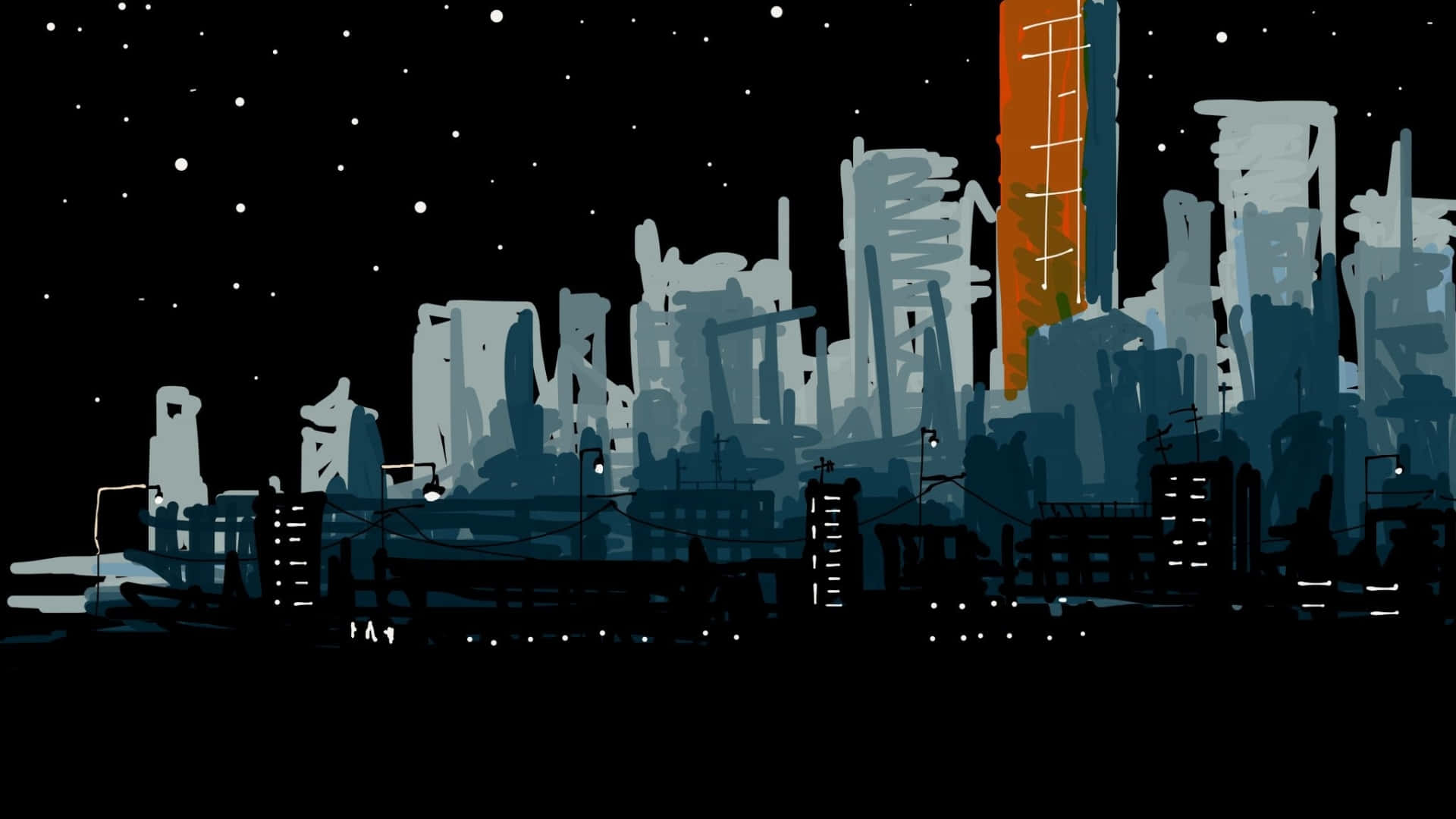 AMOLED 4K 桌布 壁紙 — 一個風格化的城市天際線夜景，在繁星點點的黑色天空中，有一座橙色燈光的摩天大樓。