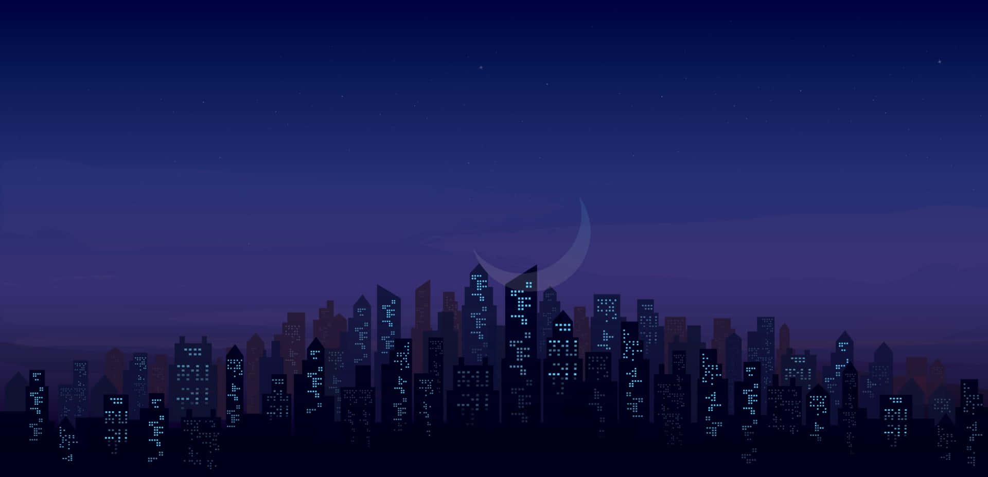 夜景城市 桌布 壁紙 — 一個風格化的城市天際線夜景，帶有發光的窗戶和一彎新月，背景是深藍色漸變天空。