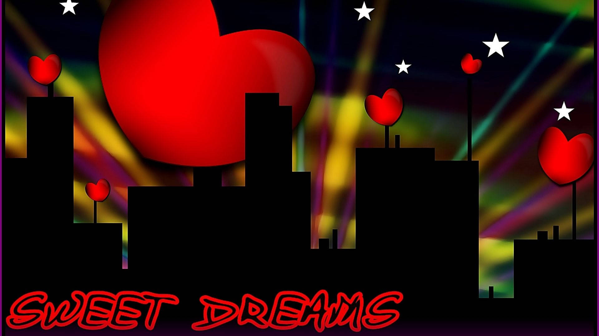 dreams 桌布 壁紙 — 一個風格化的城市天際線夜景，建築物頂部有發光的紅色心形，背景是充滿活力的彩虹燈光秀。
