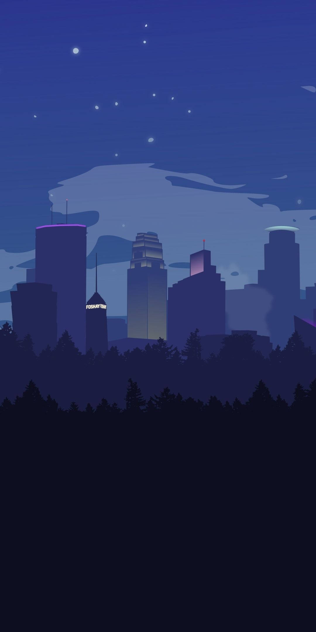Seattle 桌布 壁紙 — 一個風格化的城市天際線夜景，發光的摩天大樓和星空在黑暗的森林輪廓之上。