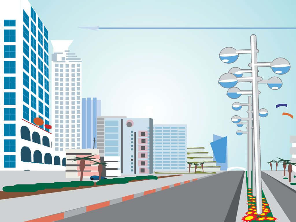 Cartoon 桌布 壁紙 — 一個風格化的城市景觀，擁有現代建築、寬闊的道路和未來主義的路燈，在晴朗的天空下。