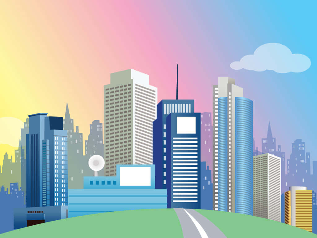 Cartoon City 桌布 壁紙 — 一個風格化的城市景觀，高聳的藍色和白色摩天大樓在漸變的日落天空下，有一朵雲。
