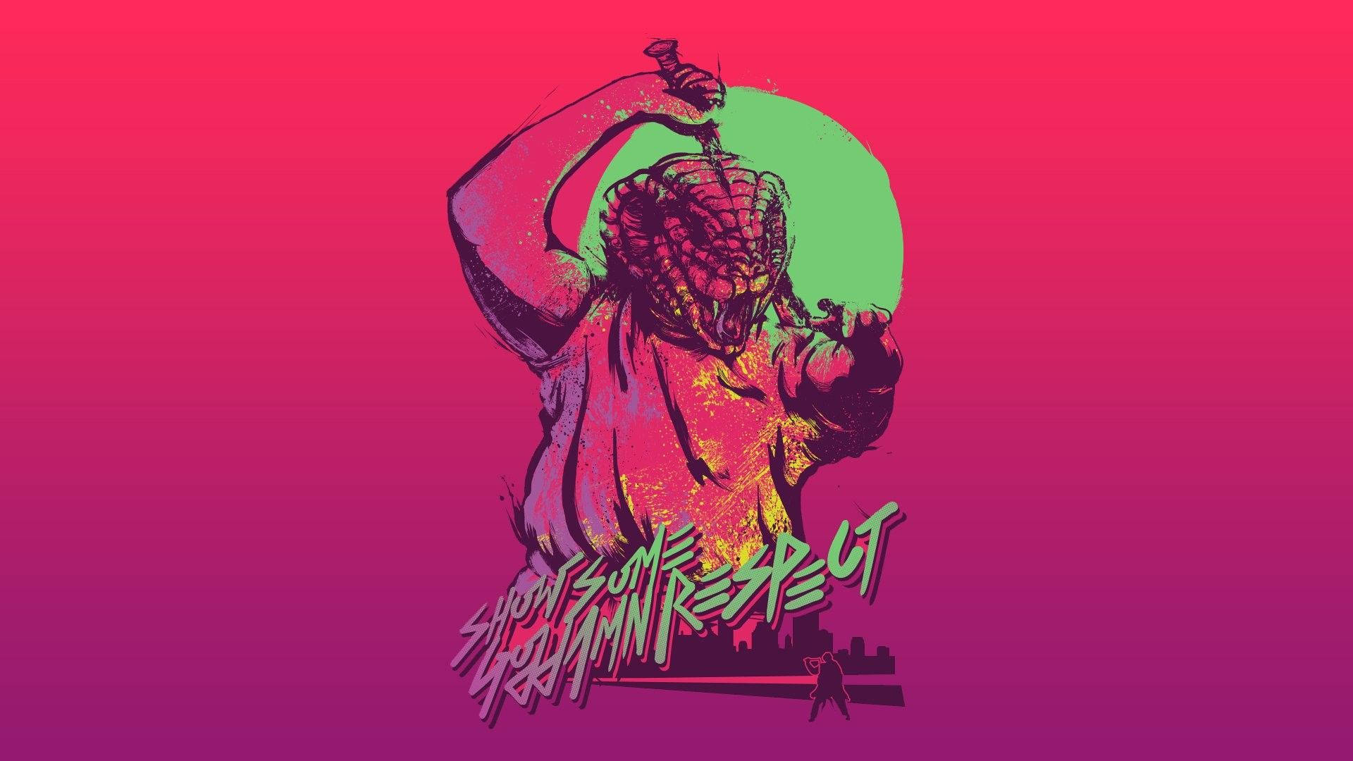 Hotline 桌布 壁紙 — 一個風格化的塗鴉插圖，描繪一個肌肉發達、頭部像爬行動物的人物，在充滿活力的粉紅色和綠色漸變背景前手持武器。