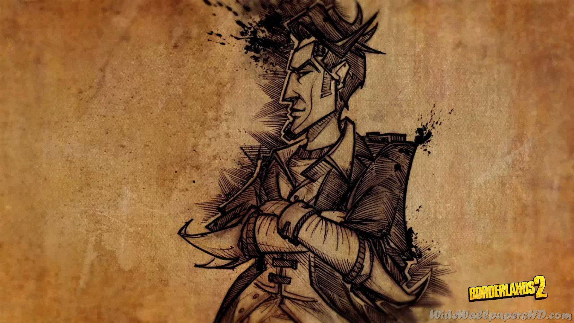 Borderlands 桌布 壁紙 — 一個風格化的墨水畫，描繪一個戴帽子和穿外套的自信男子，站在有紋理的羊皮紙背景前。