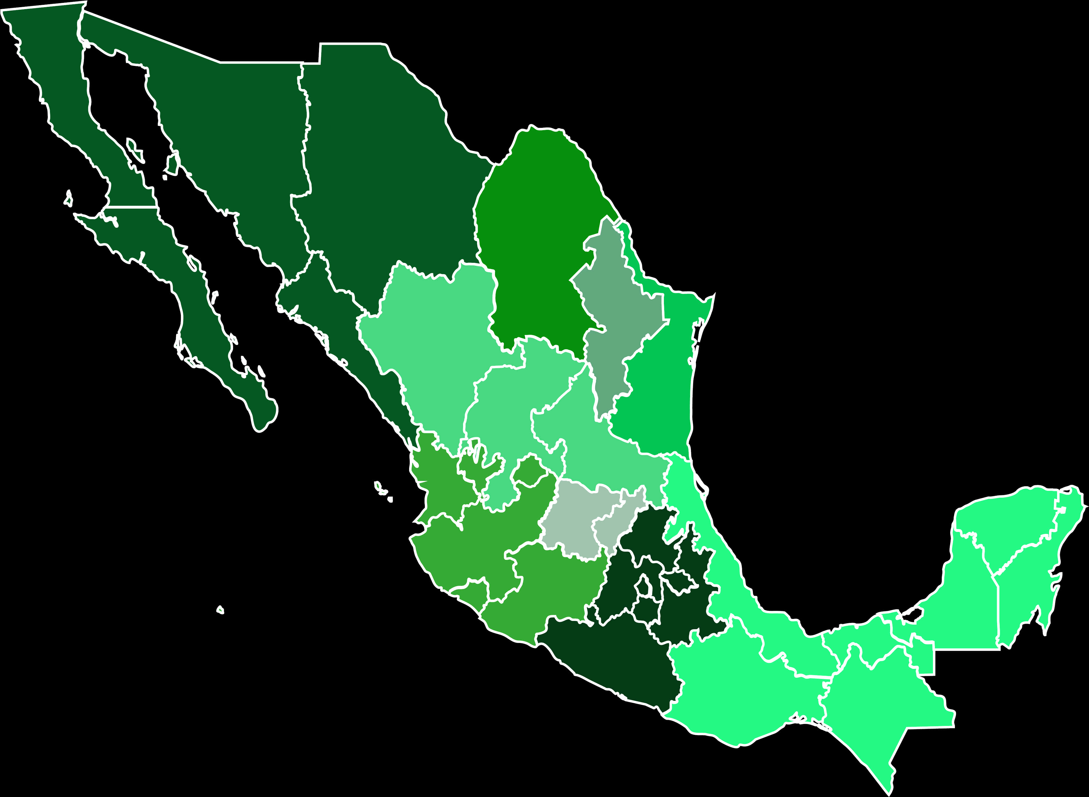 Mapa De Mexico 桌布 壁紙 — 一個風格化的墨西哥地圖，各州以不同深淺的綠色在黑色背景上著色。