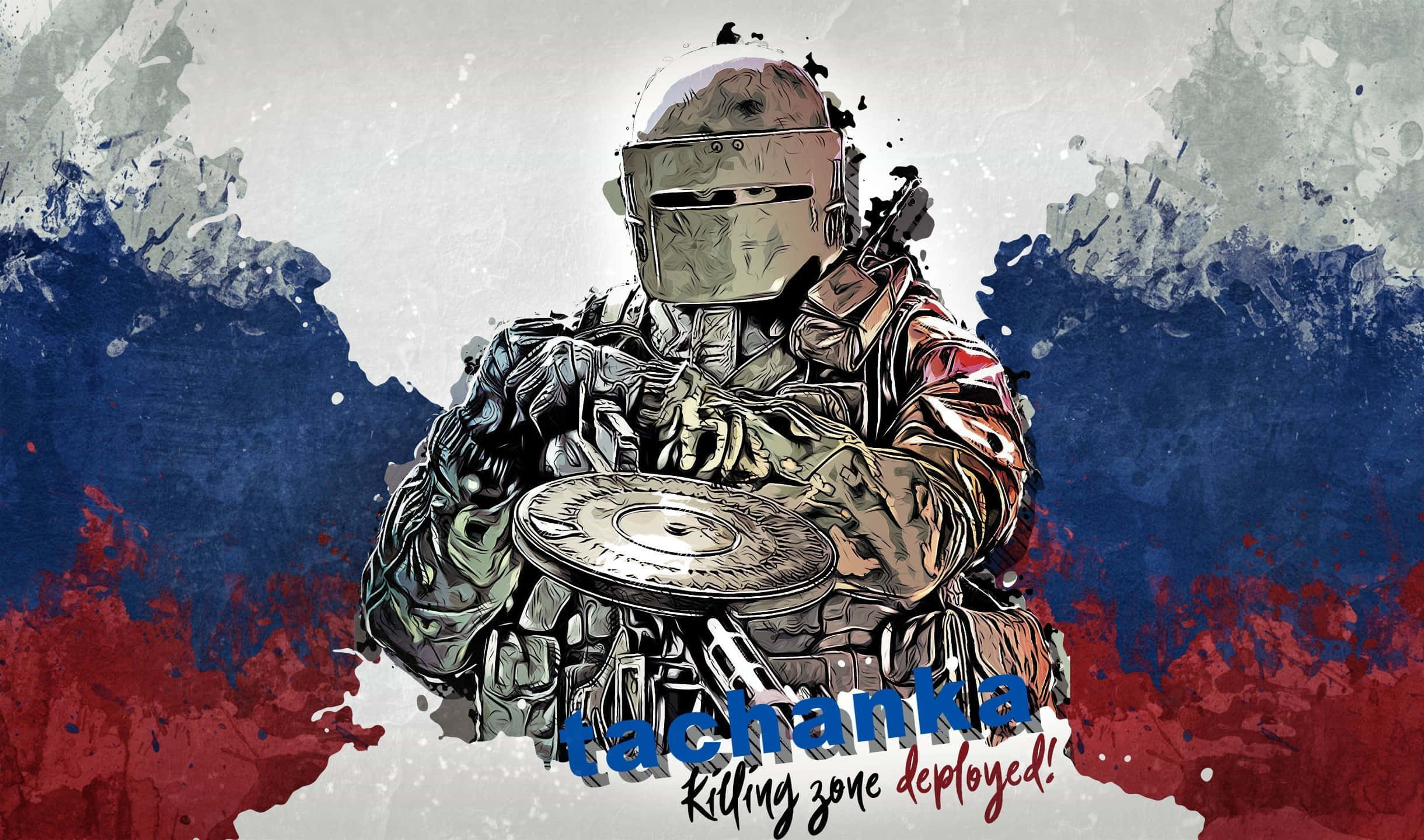 2440x1440 Rainbow Six Siege 桌布 壁紙 — 一個風格化的士兵全副武裝，手持武器，背景是濺有紅色、藍色和灰色的圖案，並有文字 tachanka killing zone deployed。