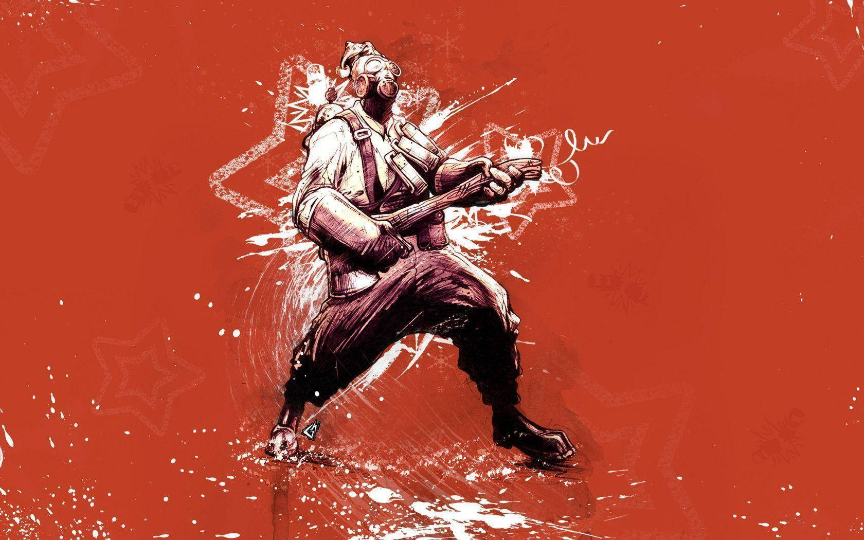 Tf2 桌布 壁紙 — 一個風格化的士兵戴著防毒面具和裝備，在充滿活力的紅色背景上彈奏電吉他，帶有白色飛濺效果。