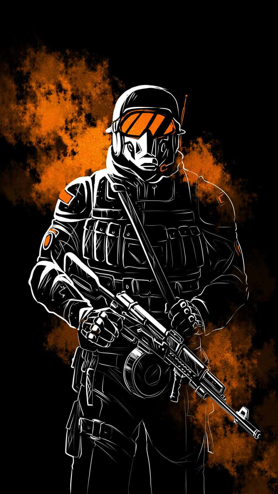 soldier 桌布 壁紙 — 一個風格化的士兵穿著全套戰術裝備，在熾熱的橙色和黑色背景前持步槍。