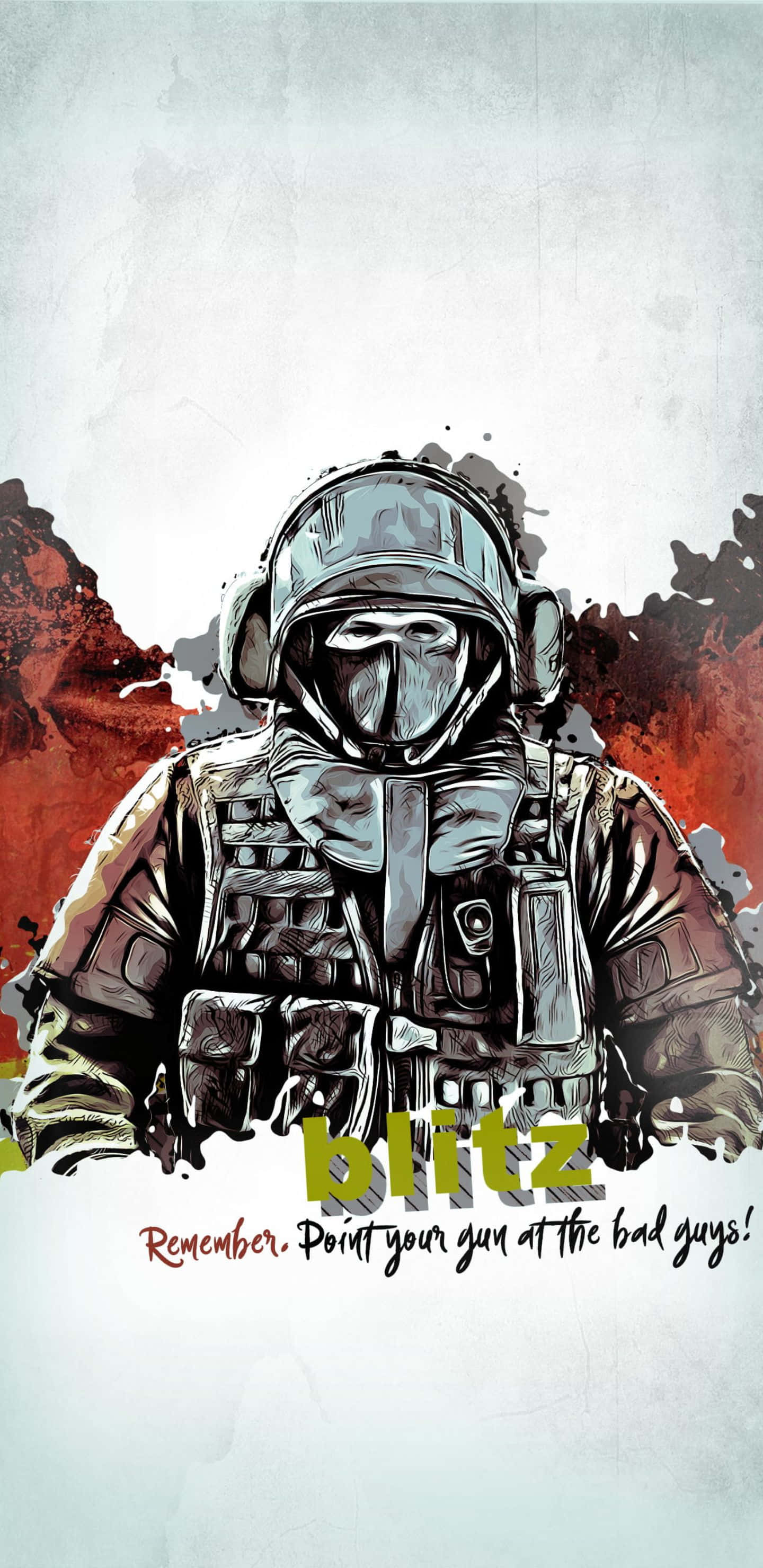 Pixel 3xl Rainbow Six Siege 桌布 壁紙 — 一個風格化的士兵穿著全套戰術裝備，站在粗糙紋理背景上，帶有醒目的紅色和灰色潑濺。