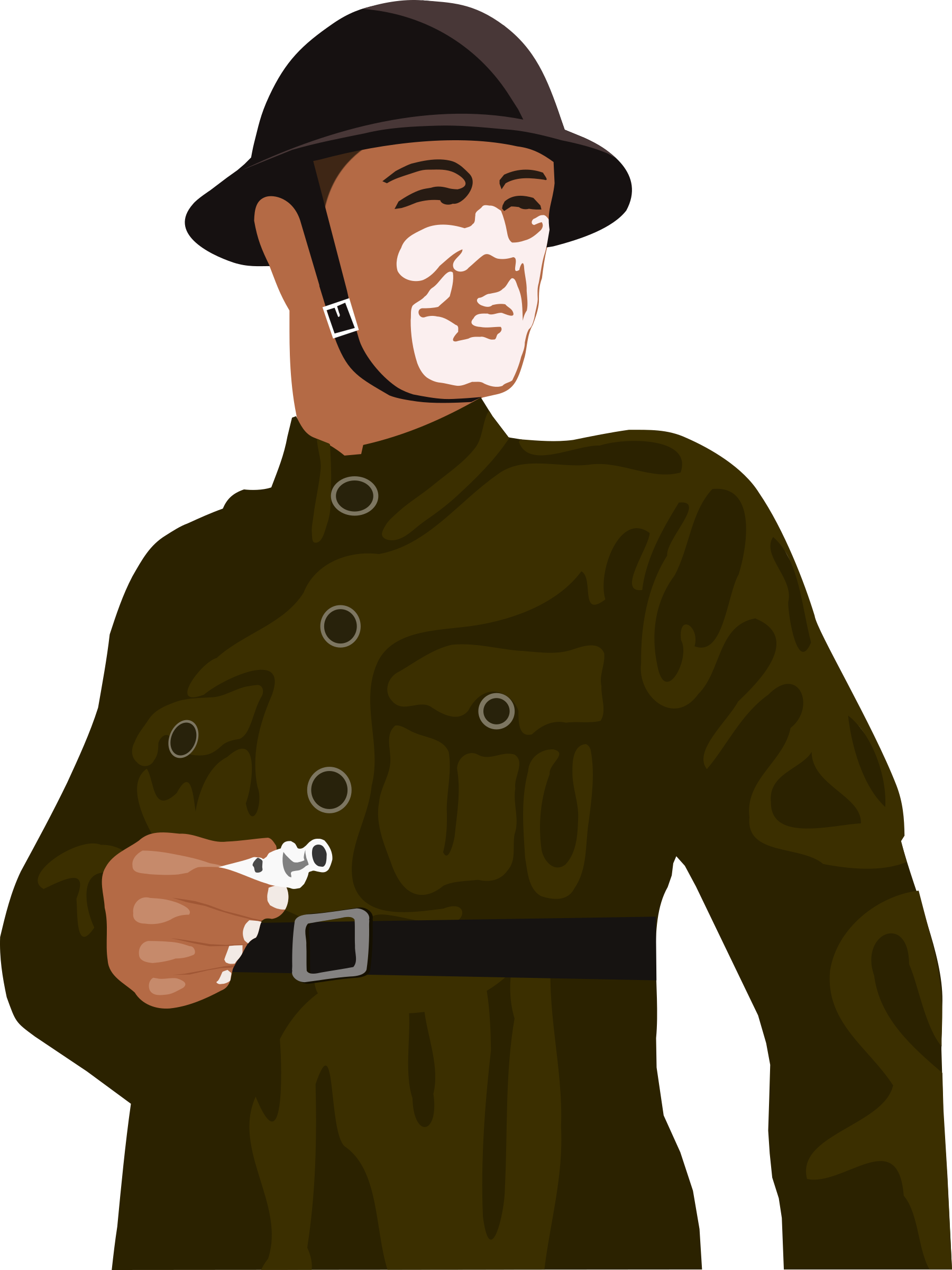 戰爭動圖 桌布 壁紙 — 一個風格化的士兵穿著橄欖色制服和頭盔，在黑色背景前手持手槍。