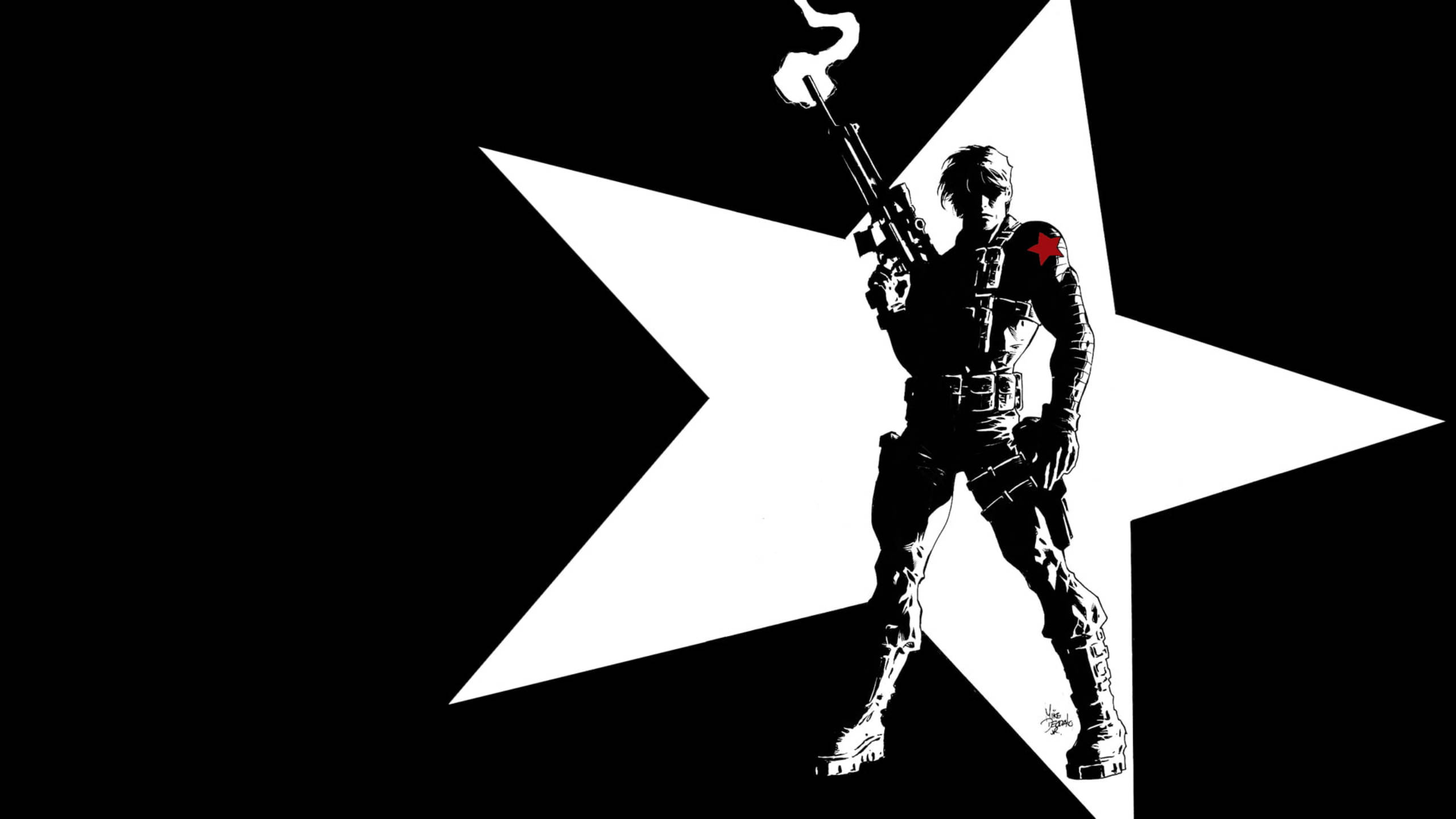 soldier 桌布 壁紙 — 一個風格化的士兵站在白色星星內，手持冒煙的步槍，背景為黑色。