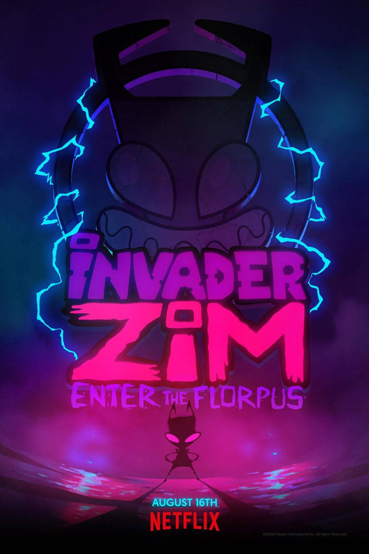 Invader Zim 桌布 壁紙 — 一個風格化的外星人角色，周圍有發光的藍色閃電，圍繞著紫色和粉紅色的Invader Zim標題海報。