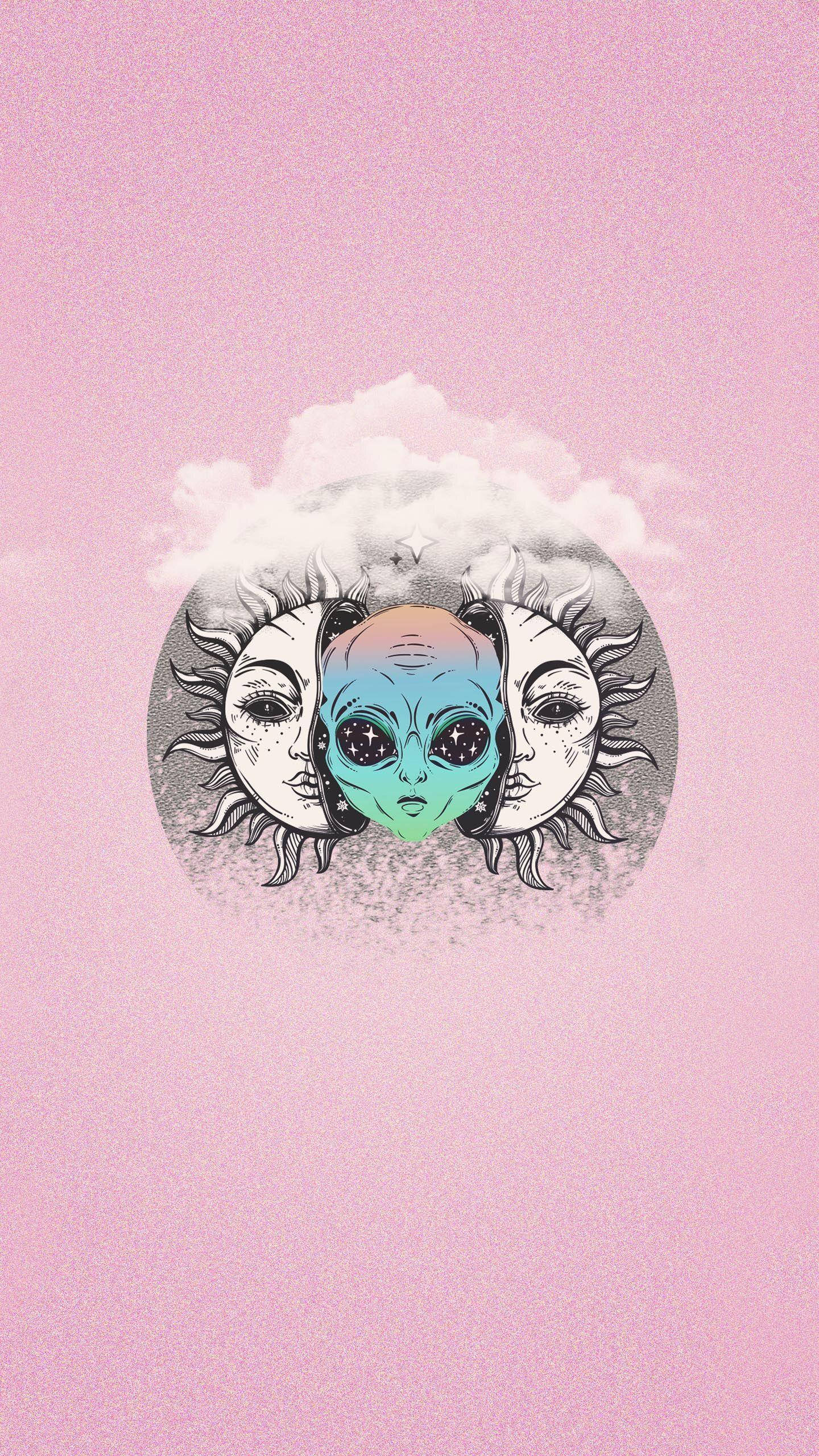 迷幻美學 桌布 壁紙 — 一個風格化的外星人面孔，帶有星星眼睛，兩側是太陽和月亮面孔，背景為柔和的粉紅色。