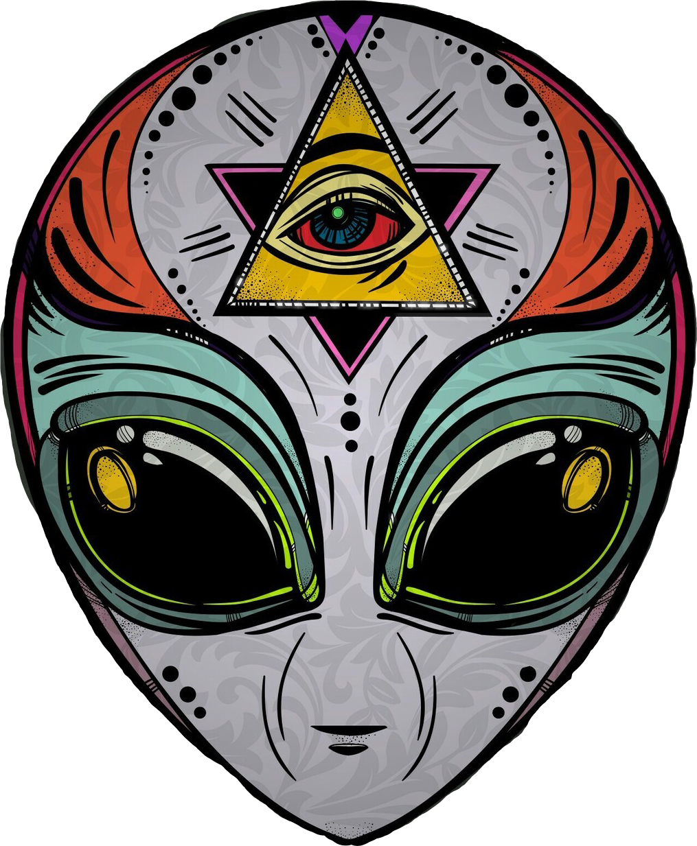 illuminati 桌布 壁紙 — 一個風格化的外星人面孔，有大黑眼睛和額頭上三角形發光的第三隻眼。