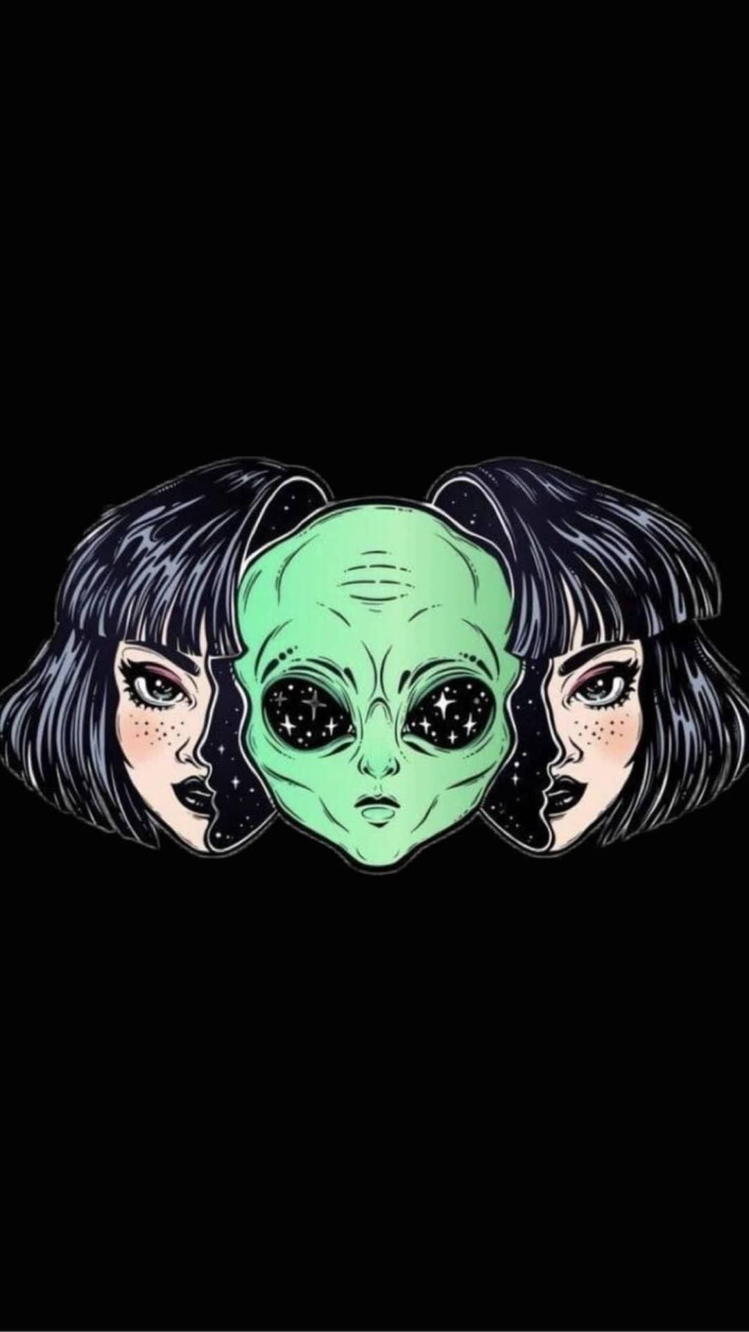Cartoon 桌布 壁紙 — 一個風格化的外星人頭部，帶有星形眼睛，兩側是兩個相同的深色鮑伯頭人臉，背景為黑色。