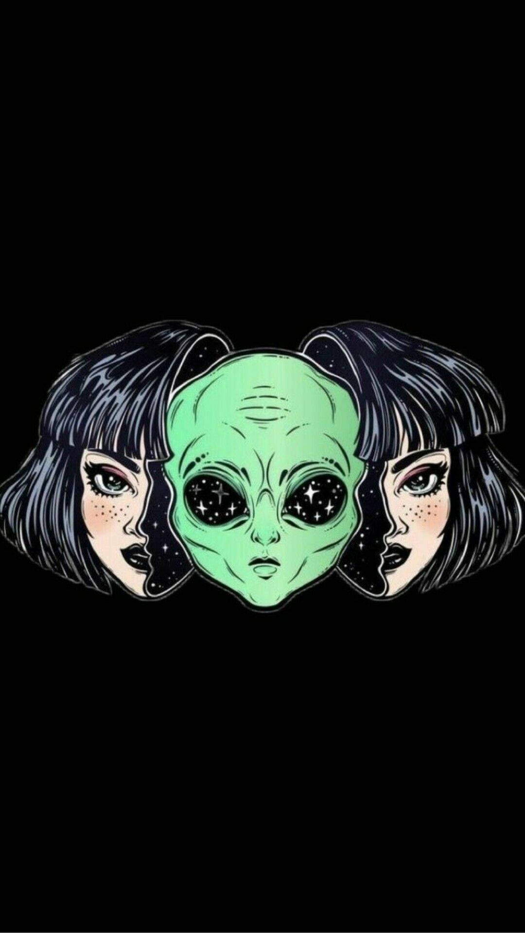 迷幻美學 桌布 壁紙 — 一個風格化的外星人頭部，帶有星形眼睛，兩側是兩個相同的深色鮑伯頭人臉，背景為黑色。