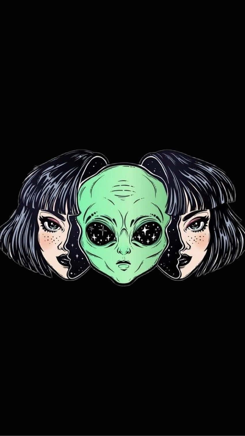 桌布 壁紙 — 一個風格化的外星人頭部，帶有星形眼睛，兩側是兩個相同的人類面孔，背景為黑色。