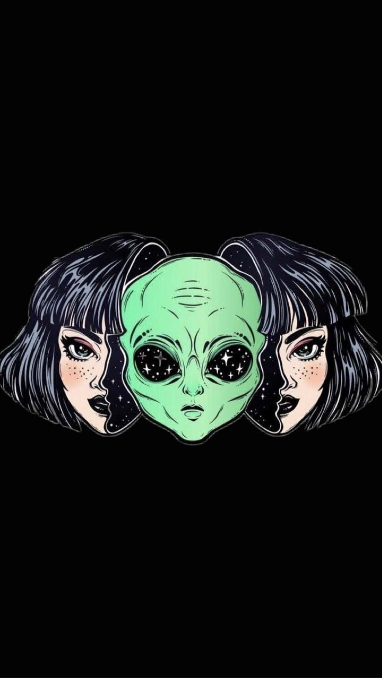 動漫女孩 桌布 壁紙 — 一個風格化的外星人頭部，帶有星星眼睛，兩側是兩個相同的人類面孔，背景為黑色。