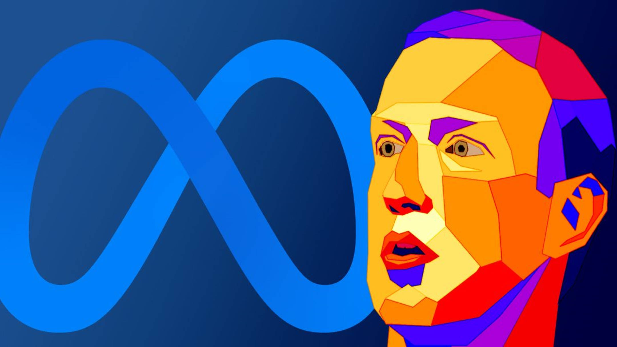 Zuckerberg 桌布 壁紙 — 一個風格化的多邊形人物肖像，以鮮豔色彩呈現，背景為藍色無限符號。