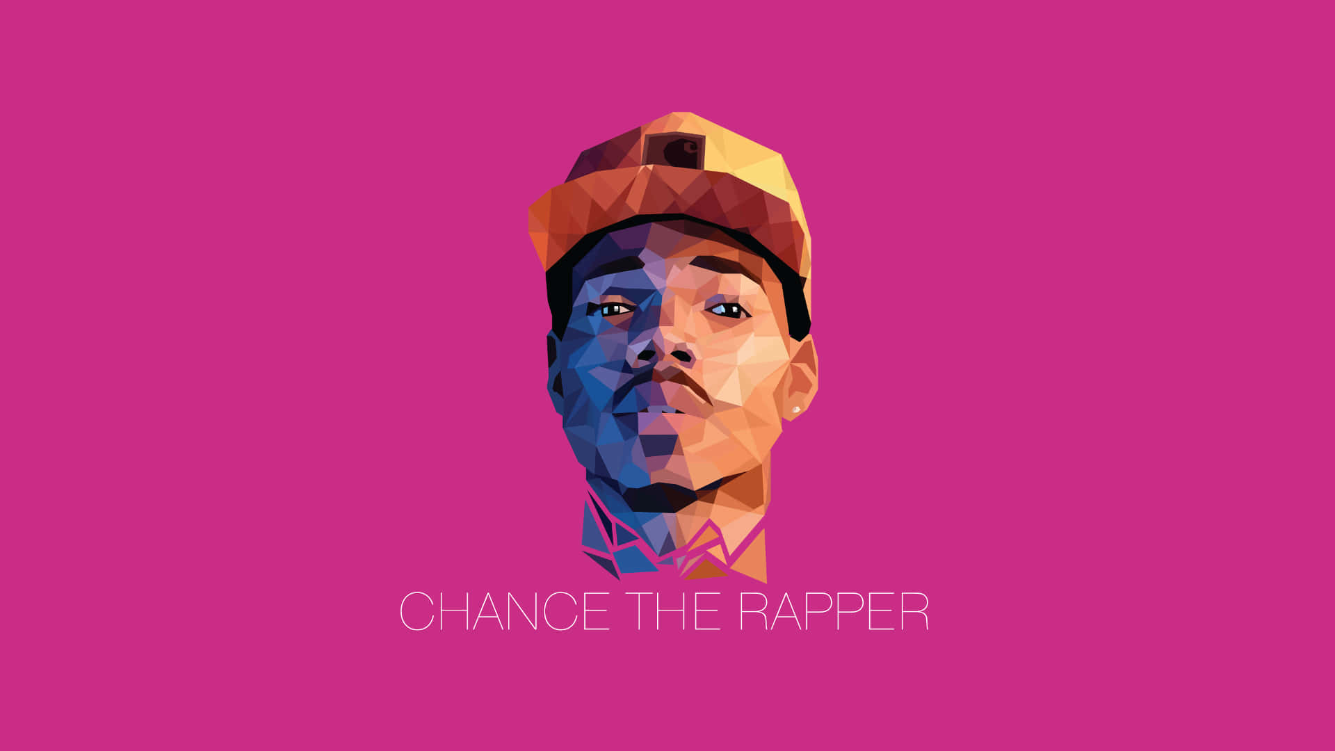 Rapper Pc 桌布 壁紙 — 一個風格化的多邊形肖像，Chance the Rapper 在充滿活力的粉紅色背景上，下方是他的名字。