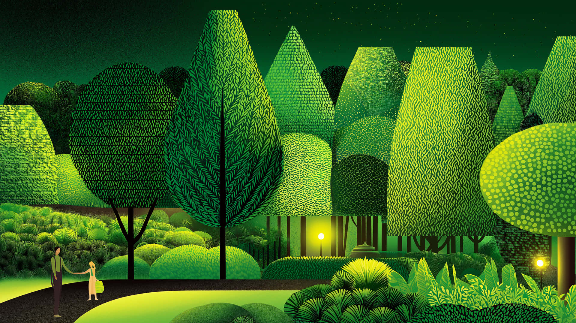 Lush Green Park Scene with Figures and Evening Lights 壁紙 — 一個風格化的夜景，一對情侶手牽手走過一片由幾何圖案綠色樹木組成的森林，頭頂是星空。
