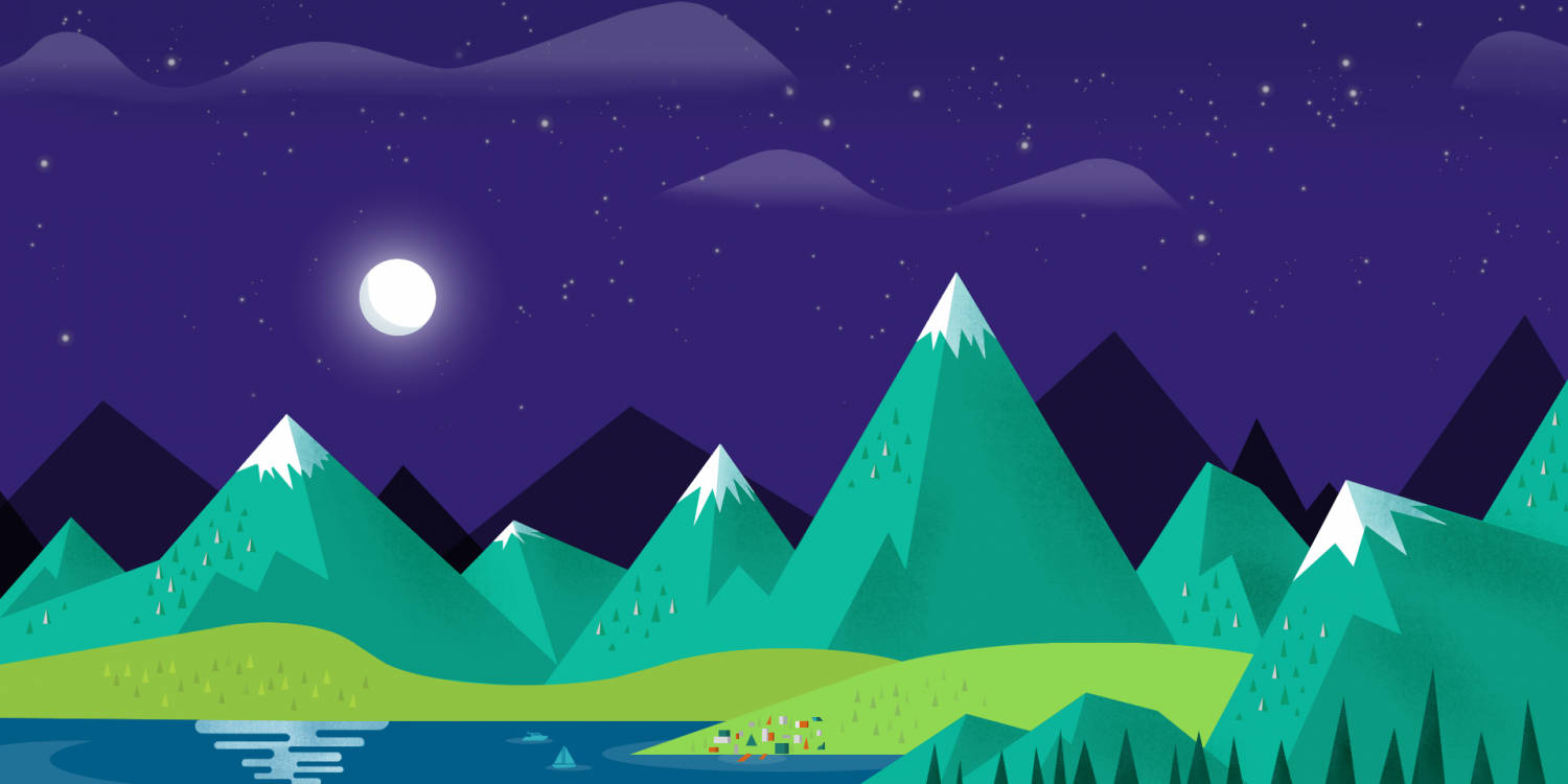 桌布 壁紙 — 一個風格化的夜景，在繁星點點的紫色天空下，有藍綠色山脈和寧靜湖面上的滿月。