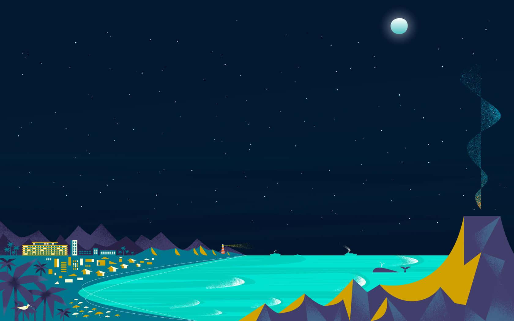 Minimalist Beach 桌布 壁紙 — 一個風格化的夜景，描繪了綠松石色的海灣、星空、滿月，以及一個有棕櫚樹和山脈的海岸小鎮。