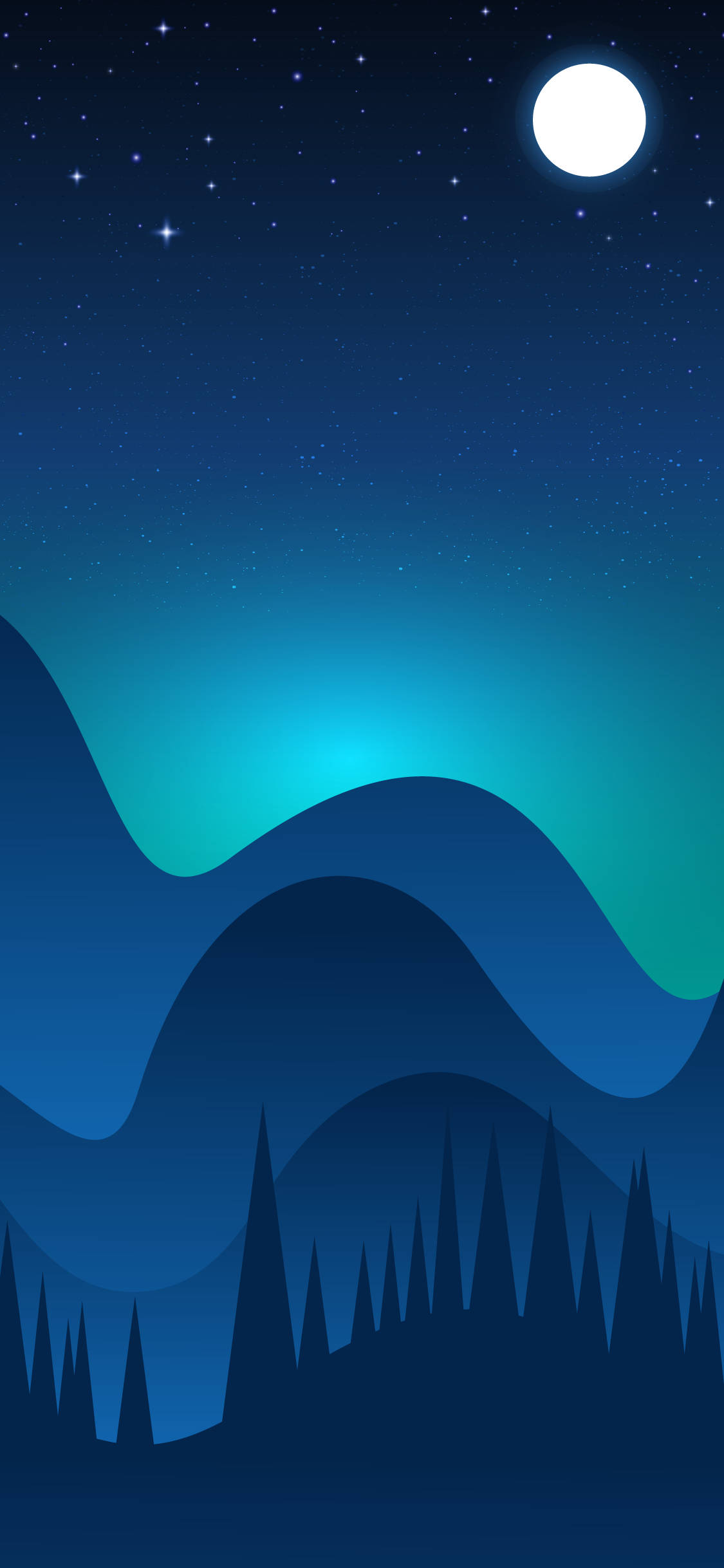 iOS 15 桌布 壁紙 — 一個風格化的夜景，滿月和星星在層疊的藍色山脈輪廓和松樹之上。