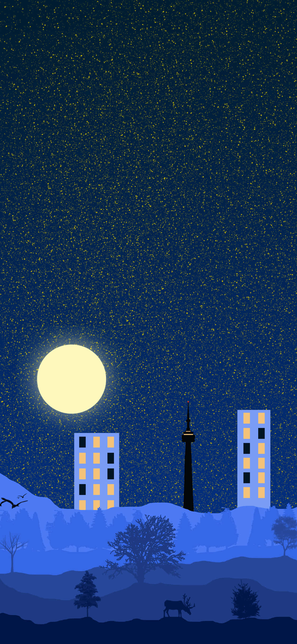 夜空 桌布 壁紙 — 一個風格化的夜景，滿月懸掛在城市天際線之上，包括CN塔和發光的窗戶，背景是星空。