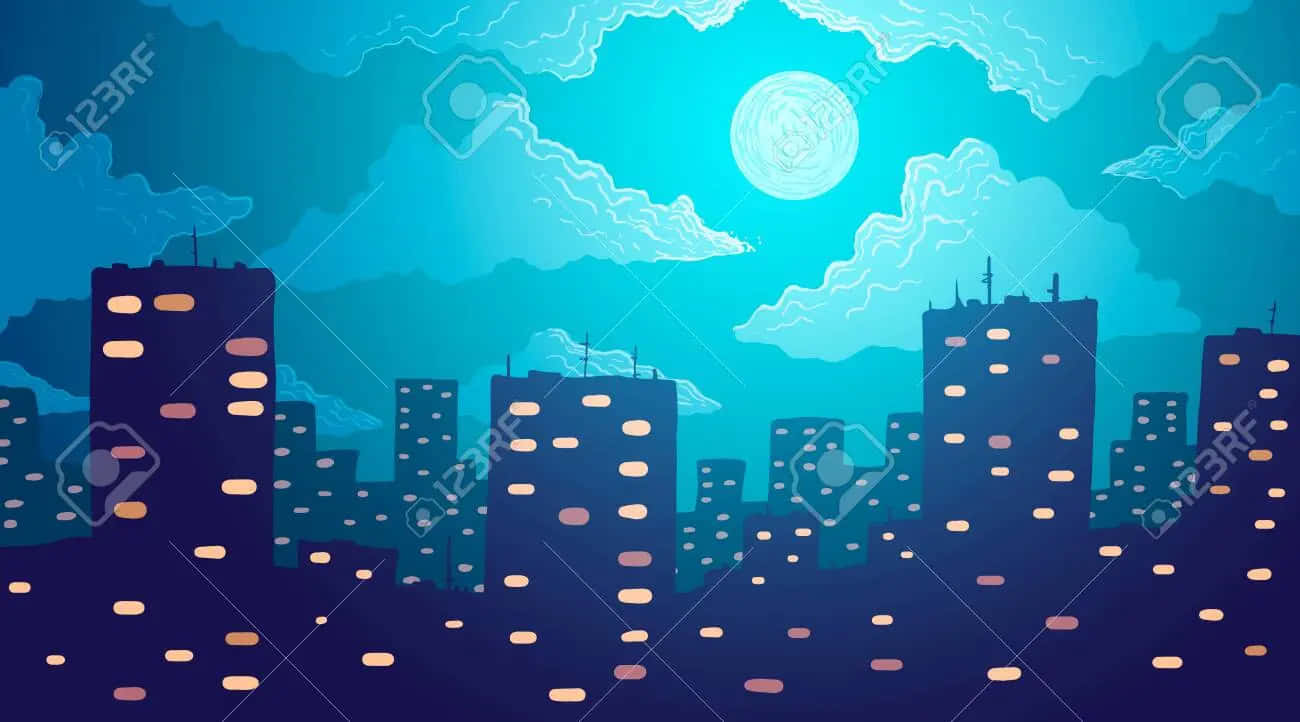 夜景城市 桌布 壁紙 — 一個風格化的夜景城市景觀，在明亮的月亮和旋轉的藍綠色雲彩下，窗戶閃閃發光。