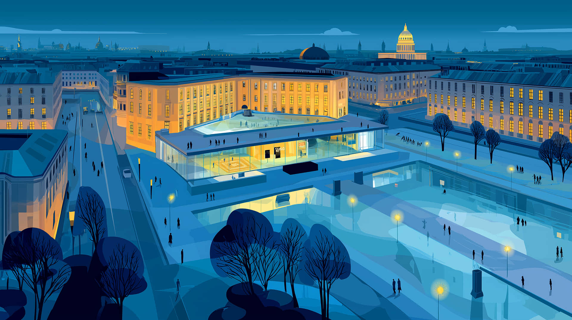 Luxury Hotel in Snowy Cityscape at Dusk, Flat Vector Art 壁紙 — 一個風格化的夜景城市景觀，有發光的建築物和溜冰場，在深藍色的天空下。