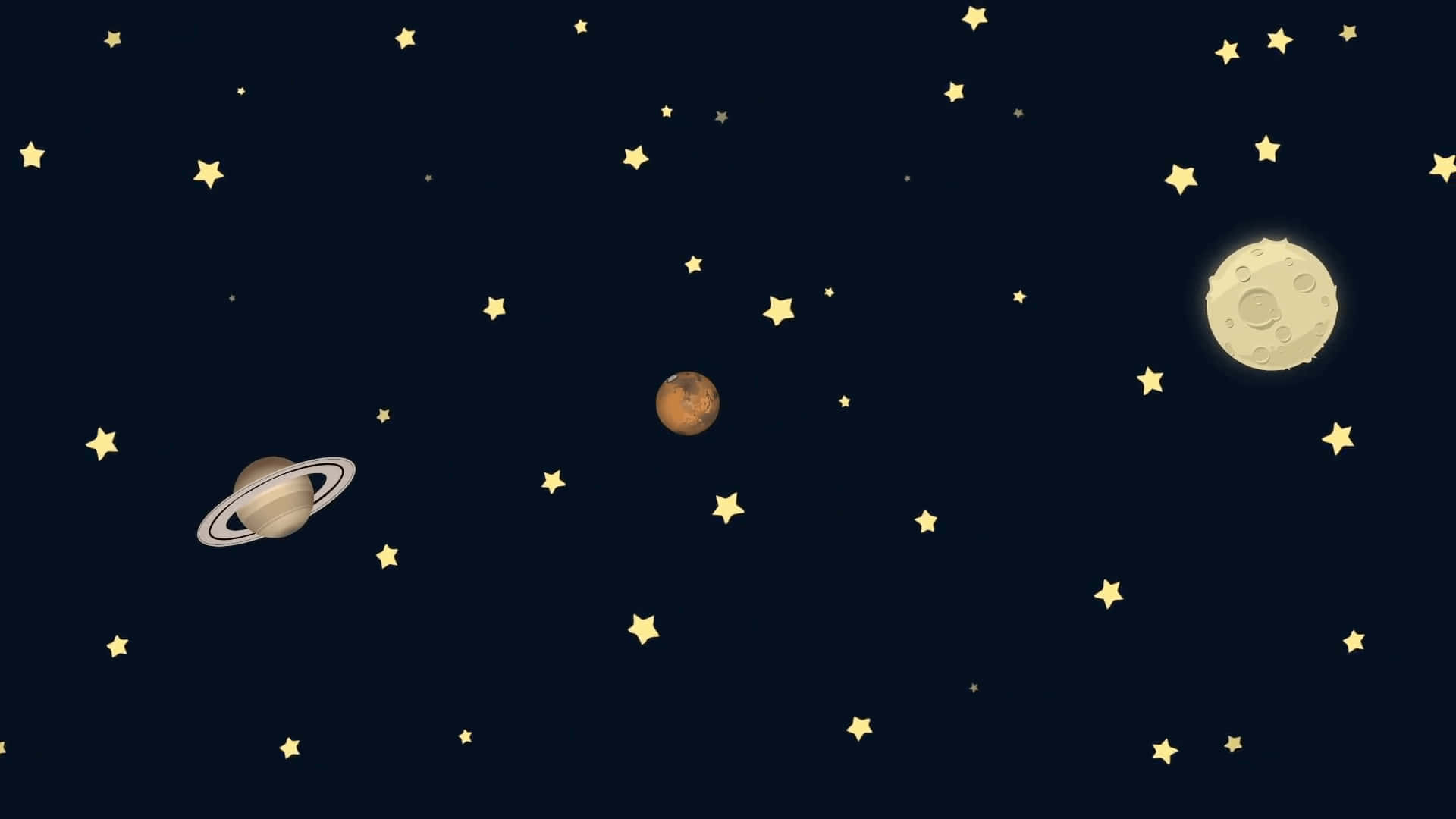 Cartoon Space 桌布 壁紙 — 一個風格化的夜空，土星、火星和月亮被發光的黃色星星包圍，背景為深海軍藍色。