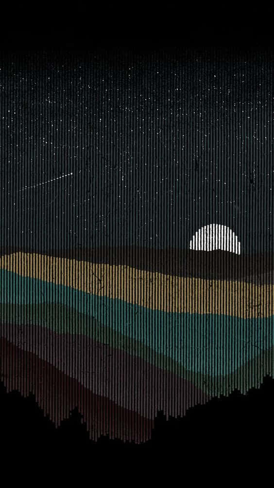 Hipster Tumblr 桌布 壁紙 — 一個風格化的夜空，在深青色和棕色調的分層山脊上，有星星和一彎新月。