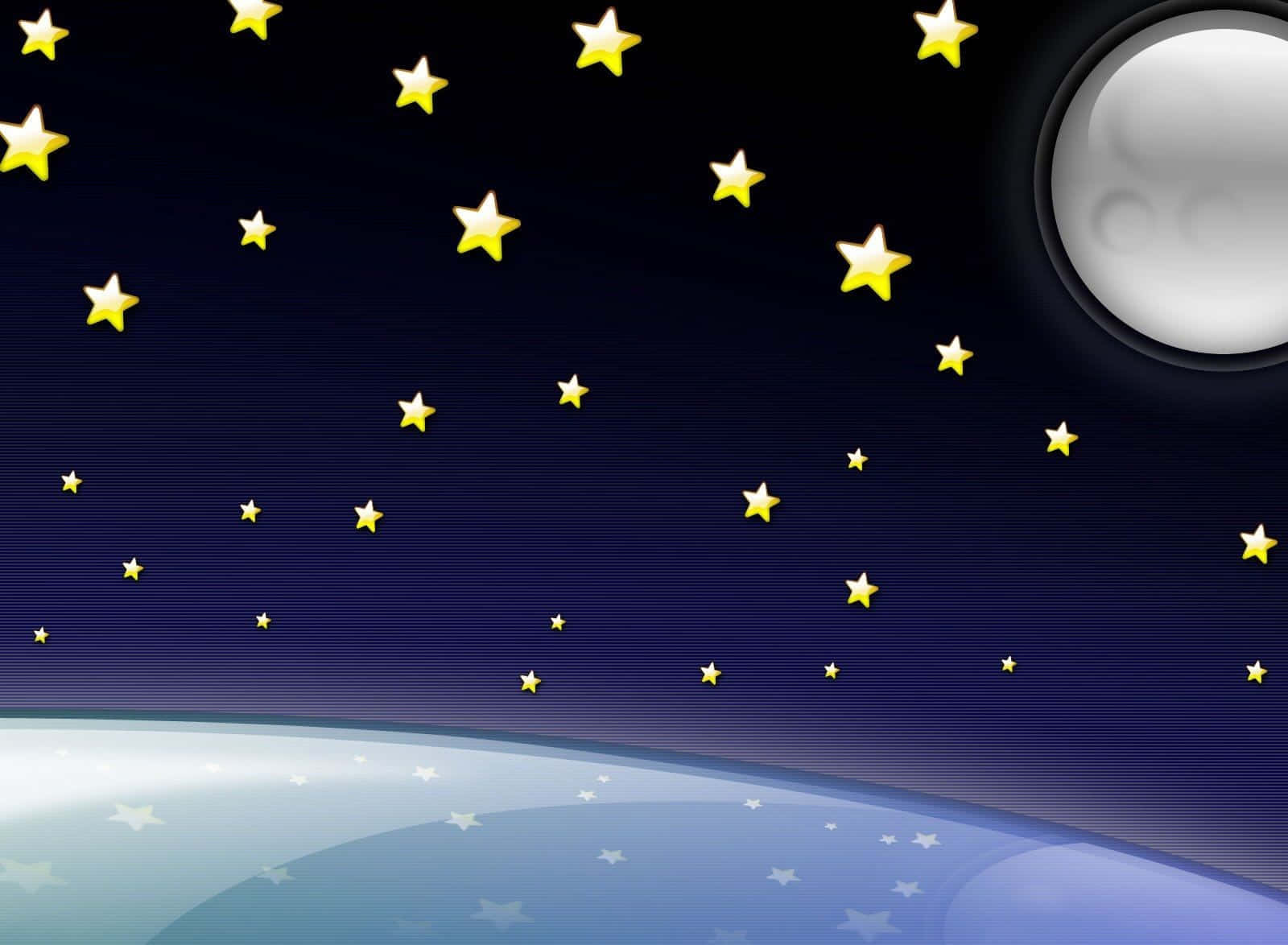 3d Star 桌布 壁紙 — 一個風格化的夜空，有一個大月亮和散落的發光黃色星星，位於彎曲的藍色行星地平線之上。