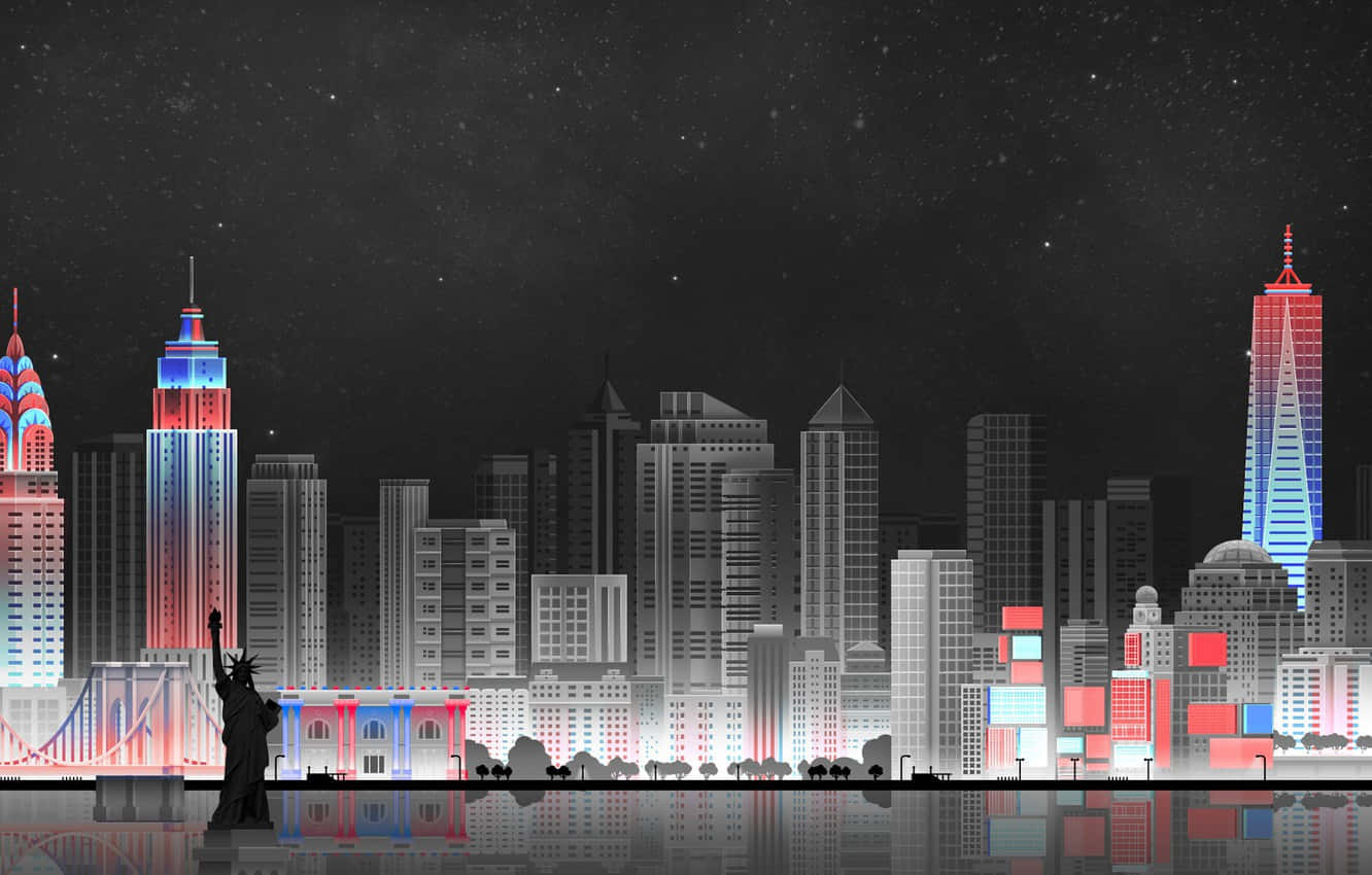New York Art 桌布 壁紙 — 一個風格化的夜間城市景觀，具有標誌性建築物以紅、藍、白色照亮，在星空下帶有水反射。