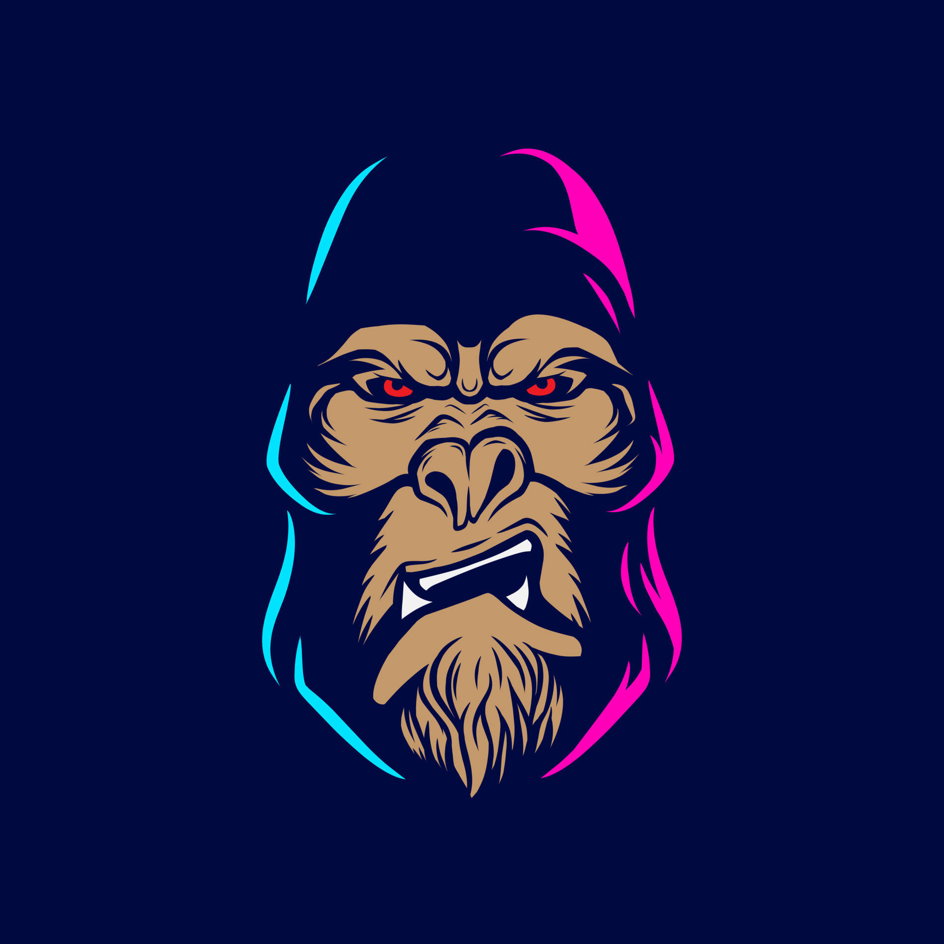 Cool Gorilla 桌布 壁紙 — 一個風格化的大猩猩頭部，帶有發光的紅色眼睛和霓虹藍粉紅色輪廓，背景為深藍色。
