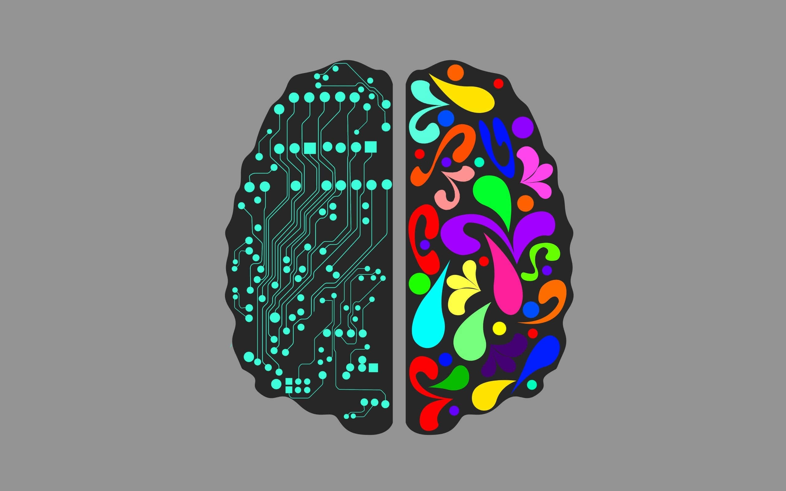Brain 桌布 壁紙 — 一個風格化的大腦分成兩半，一邊是青綠色的電路板，另一邊是灰色背景上色彩繽紛的抽象漩渦。
