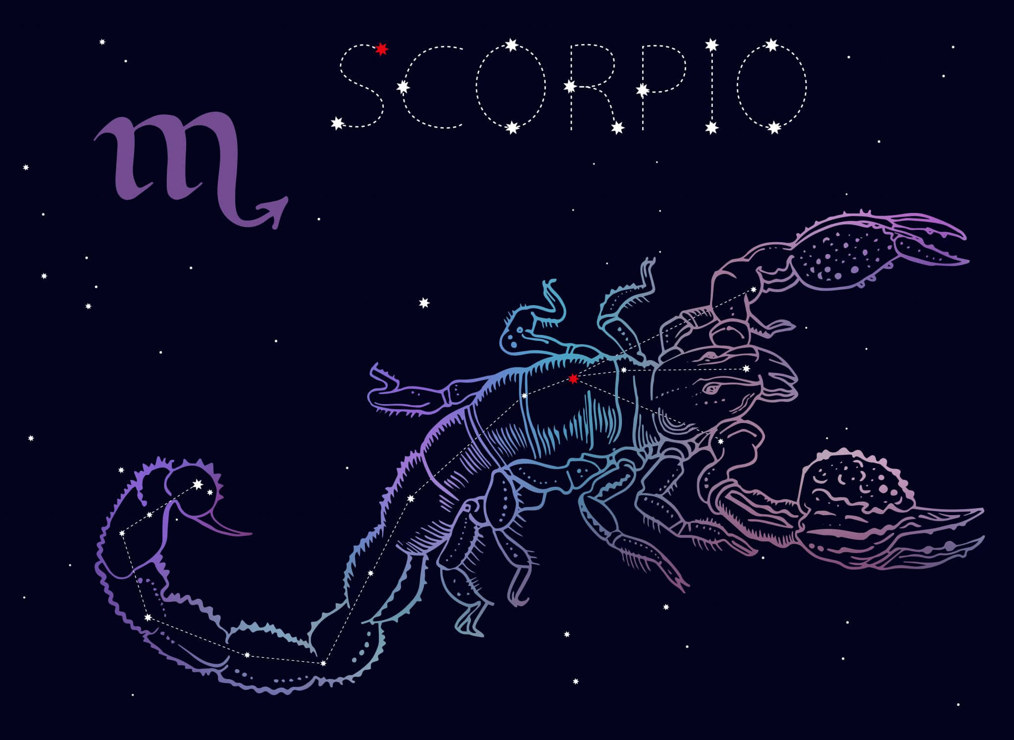 Scorpio 桌布 壁紙 — 一個風格化的天蠍座星座，以發光的紫色和藍色勾勒出輪廓，背景是繁星點點的夜空，並帶有 SCORPIO 字樣及其符號。