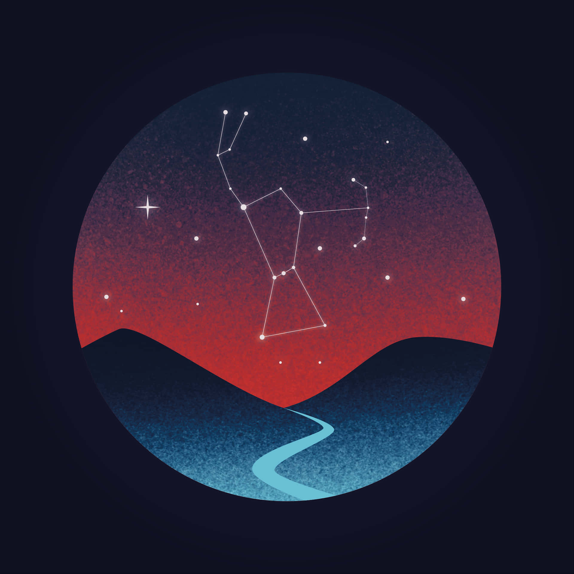 Illustration Art 桌布 壁紙 — 一個風格化的天體場景，帶有發光的紅色和藍色天空，下方有突出的星座和蜿蜒的河流。