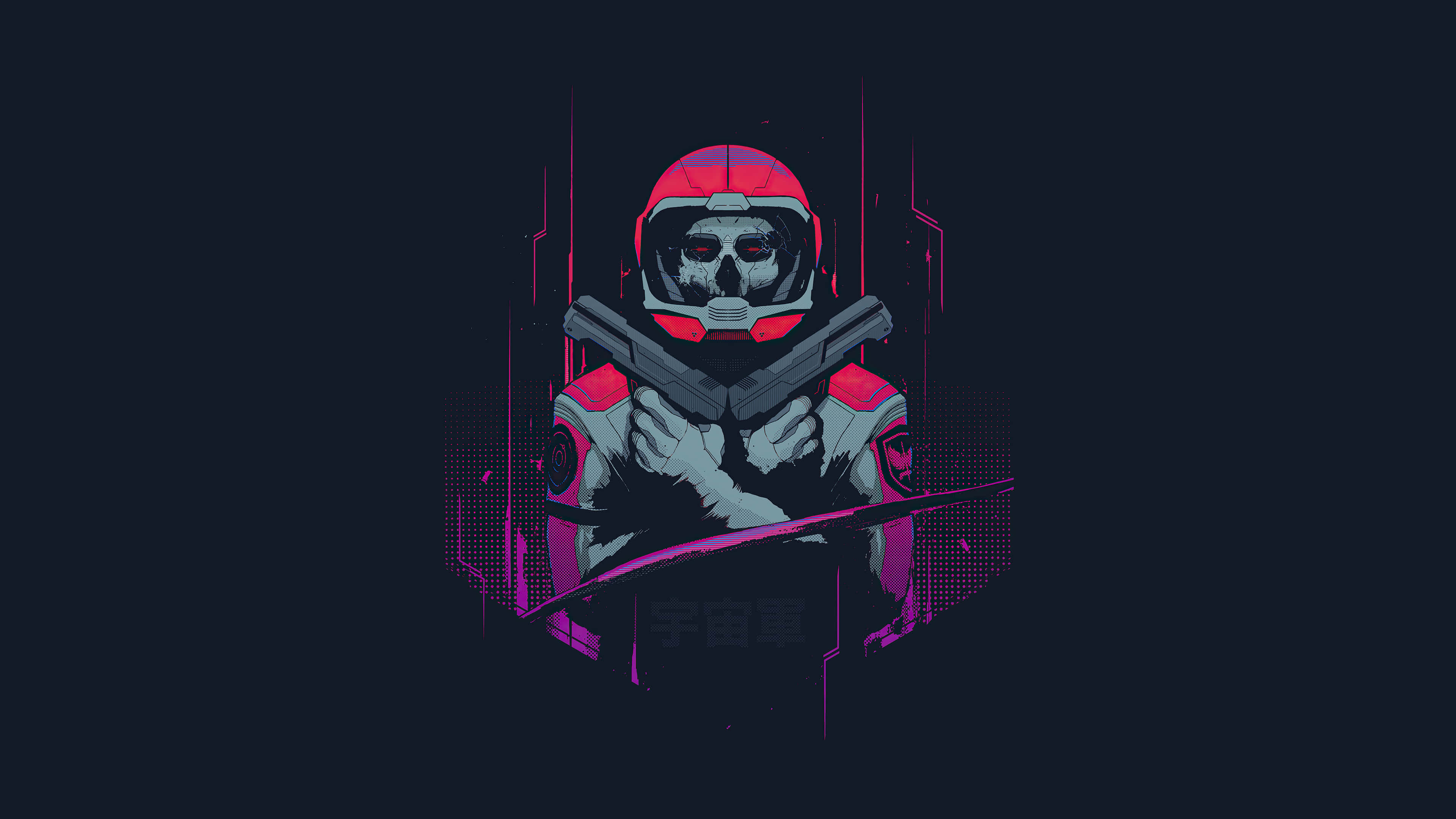 Dark Cyberpunk 桌布 壁紙 — 一個風格化的太空人，有著骷髏臉和交叉的槍枝，在霓虹粉紅和灰色的數位藝術肖像中。