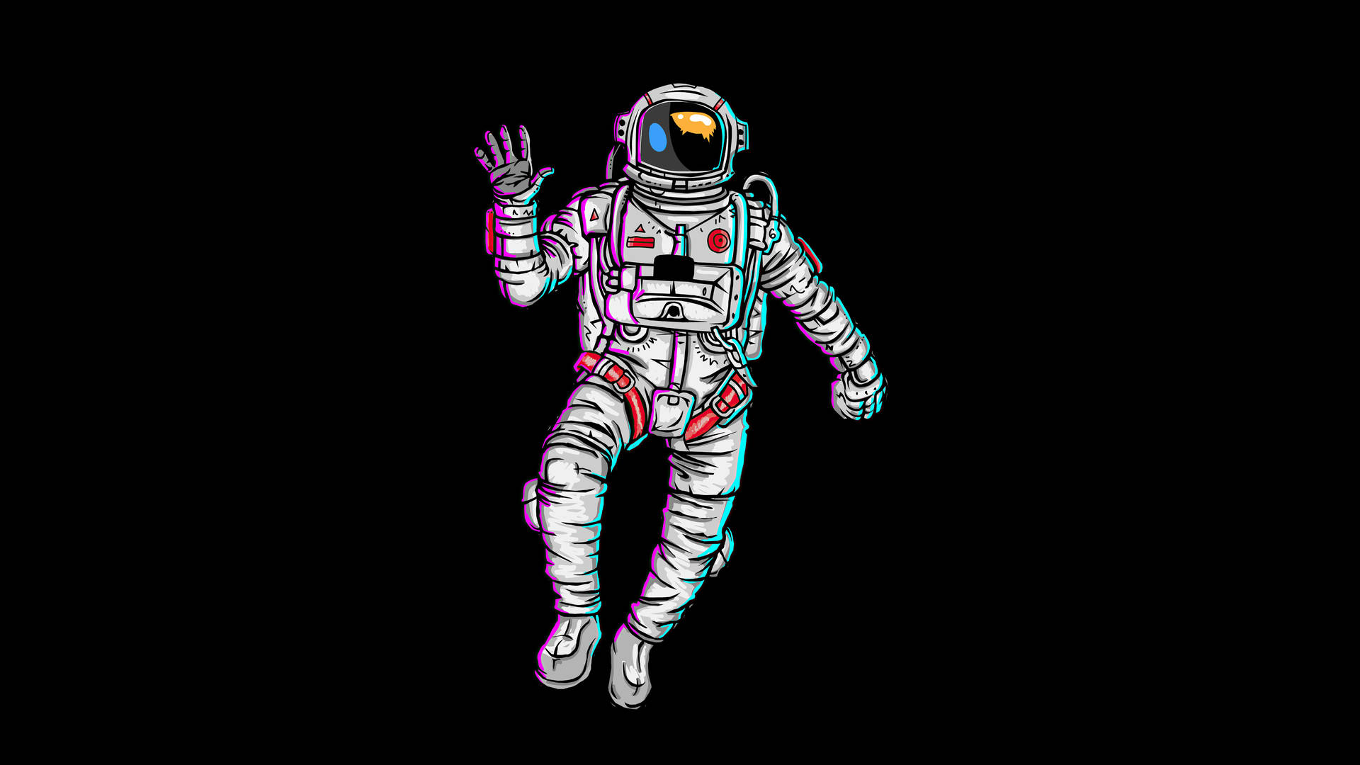 一個霓虹輪廓的太空人在太空中漂浮並揮手。