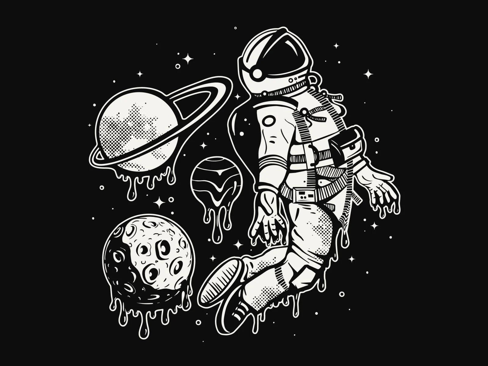 Black Drippy 桌布 壁紙 — 一個風格化的太空人在融化的行星和星星之間漂浮，呈現出鮮明的黑白插圖。