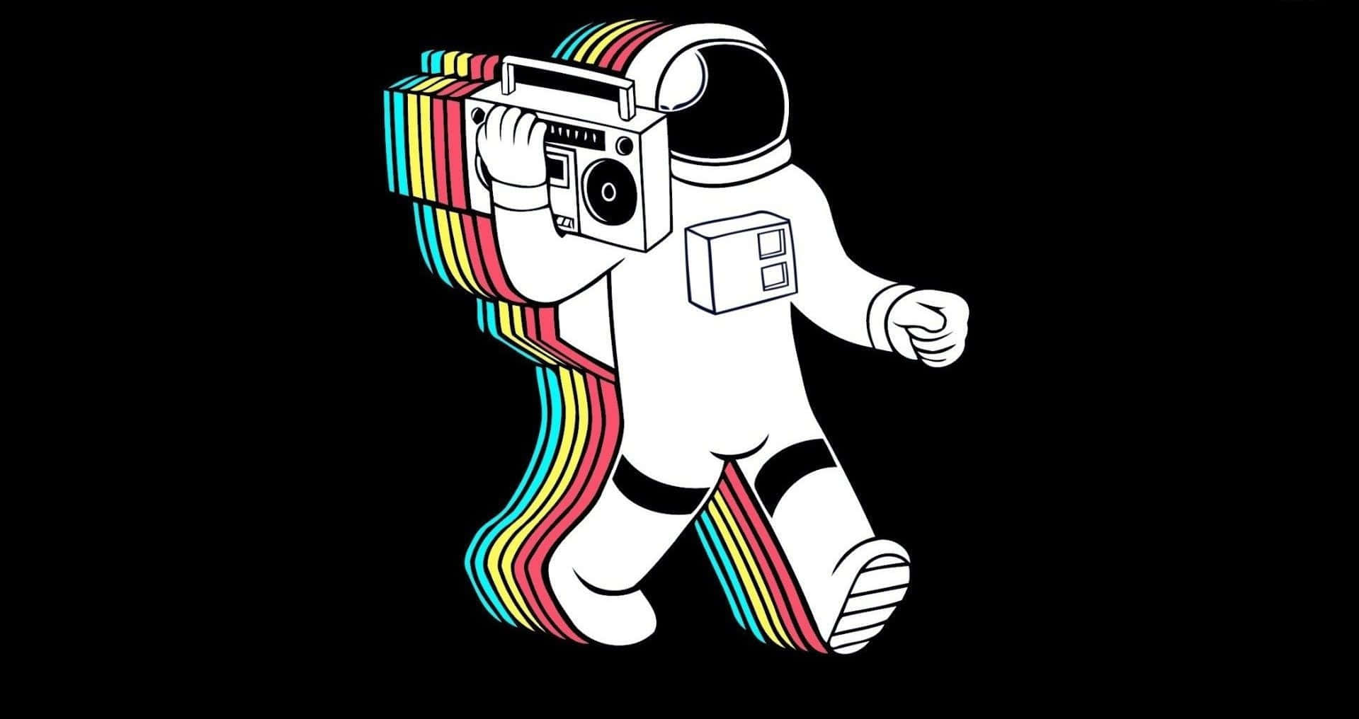 Astronaut Desktop 桌布 壁紙 — 一個風格化的太空人帶著一個發出彩虹條紋的便攜音箱，背景為黑色。